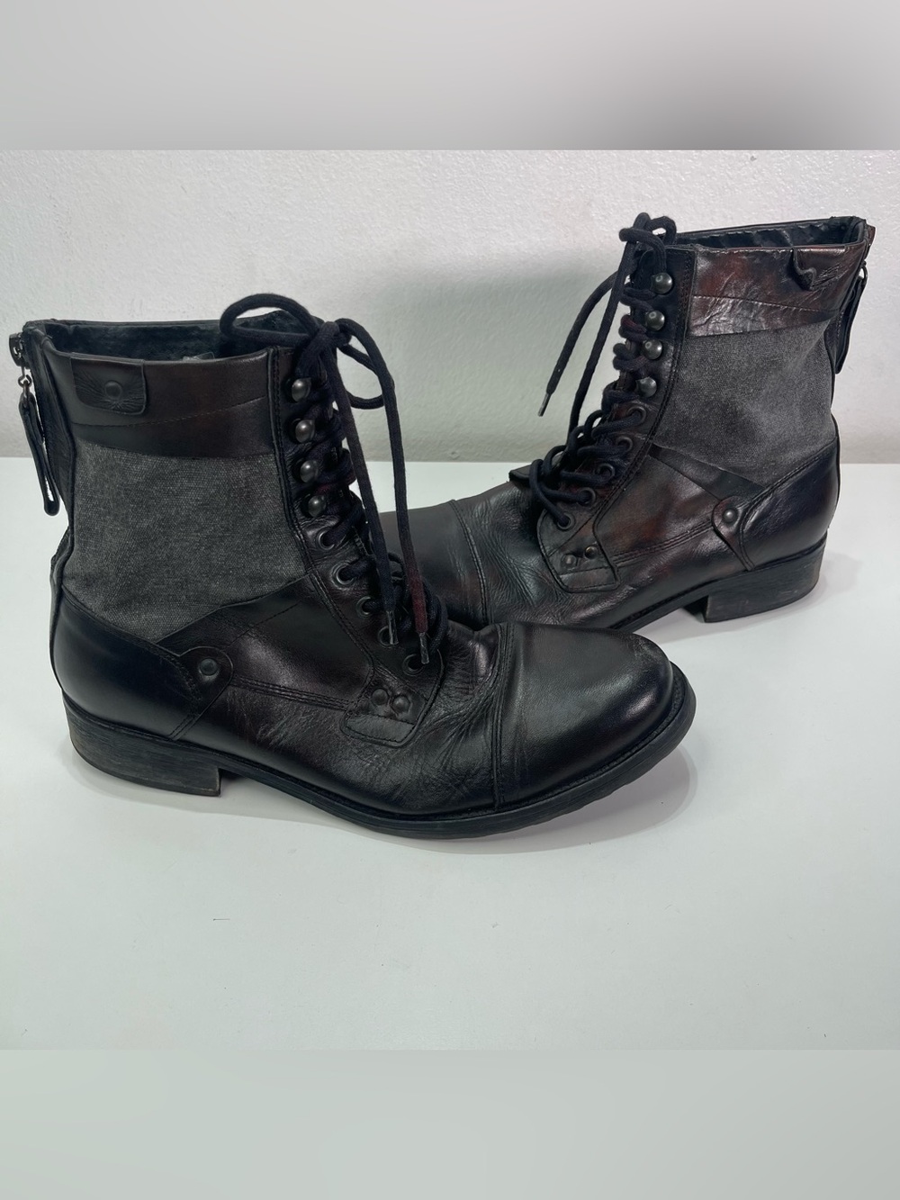 Aldo Combat Boots Men's 9 Leather Ankle Back Zip Lace Up Moto Black Brown preown